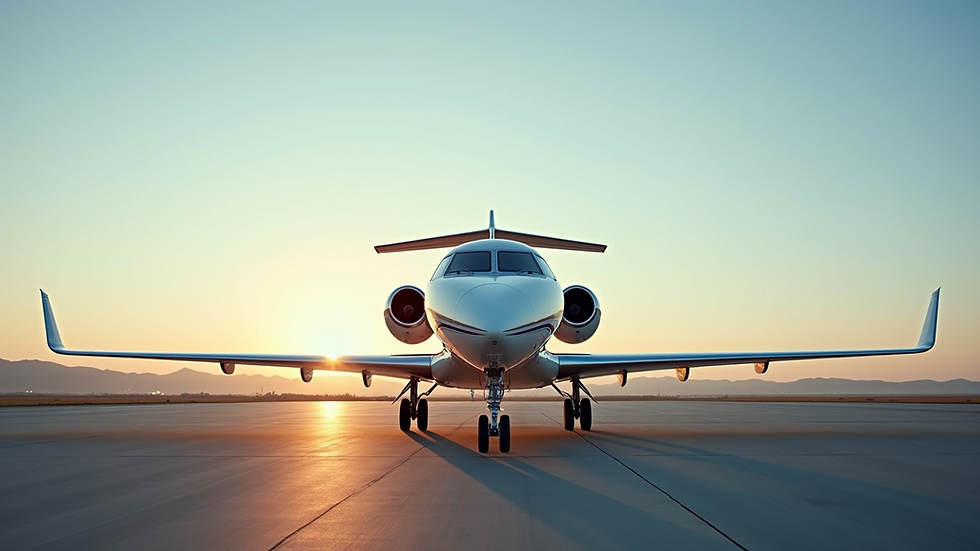 Eye-level view of a sleek private jet parked on a tarmac