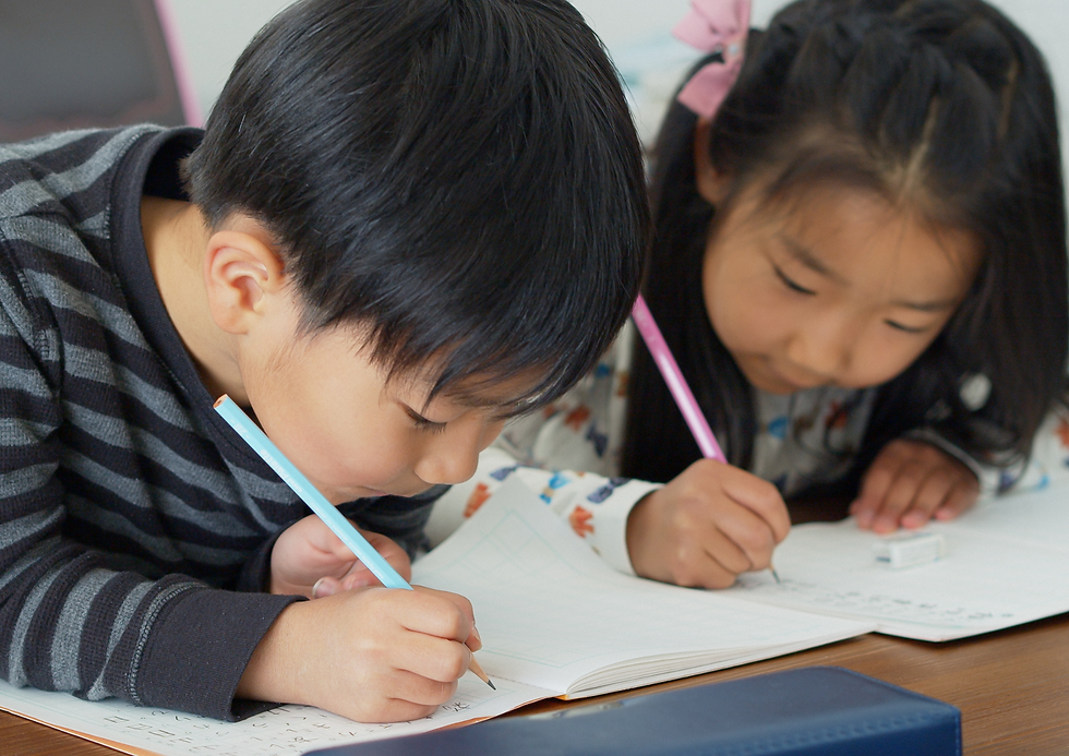 A young Japanese boy and girl studying English