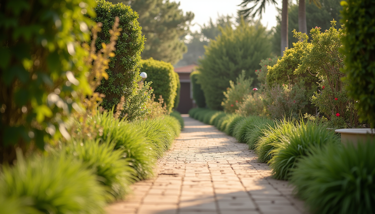 Eye-level view of a peaceful garden path in a senior-friendly resort