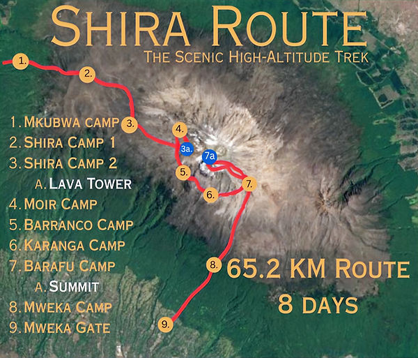 Kilimanjaro Shira Route Map, A Map that shows the Shira route to the summit of Kilimanjaro