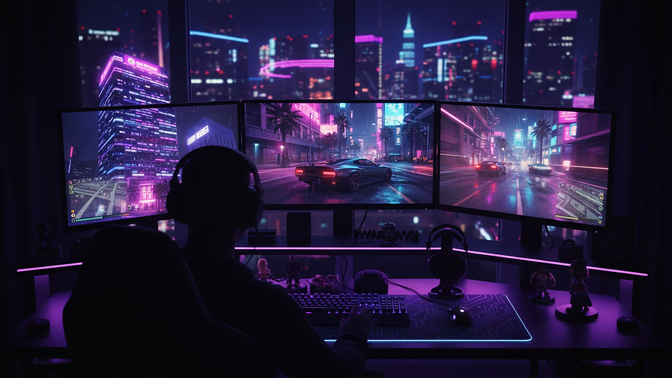 Eye-level view of a gaming setup with multiple screens showing GTA VI gameplay