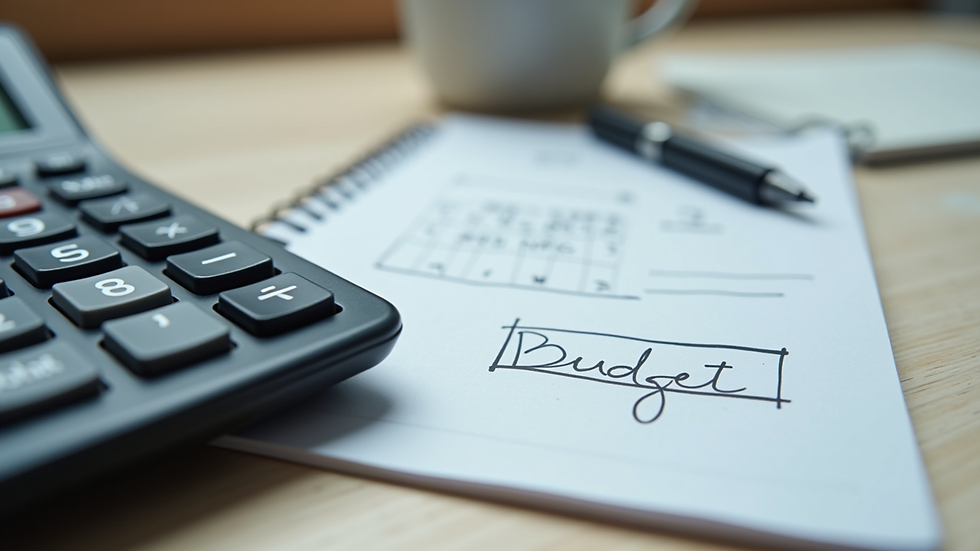 Close-up view of a calculator and a notepad with budget notes