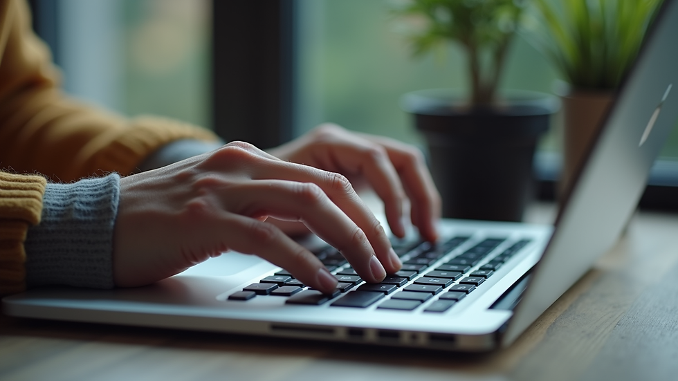 Close-up view of a person typing a press release on a laptop keyboard