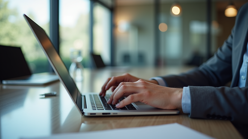 Eye-level view of a professional writer typing on a laptop in a modern office