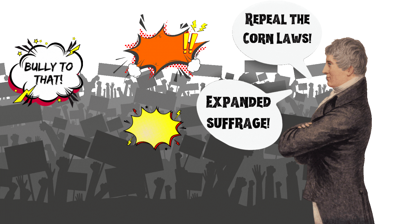 Cartoon featuring Henry Hunt speaking to a crowd of protesters. He say, Repeal the Corn Laws! Expand Suffrage!" As he does, the people reply with shouts of, "Bully to that! Jolly good, old man! Hooray! Ah, Snap!"