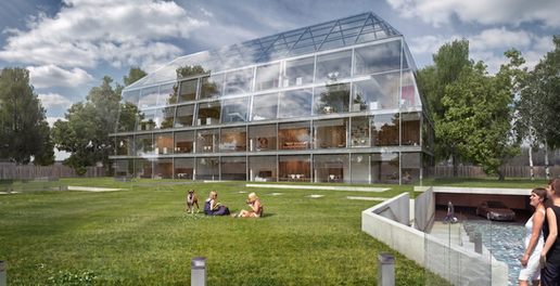 Architectural daytime rendering of a modern sustainable residential development in Cambridge by Cavaleri Partnership, featuring an innovative multi-story building with a dramatic sloped glass pavilion facade, a communal green lawn with residents, and an integrated underground car park entrance.