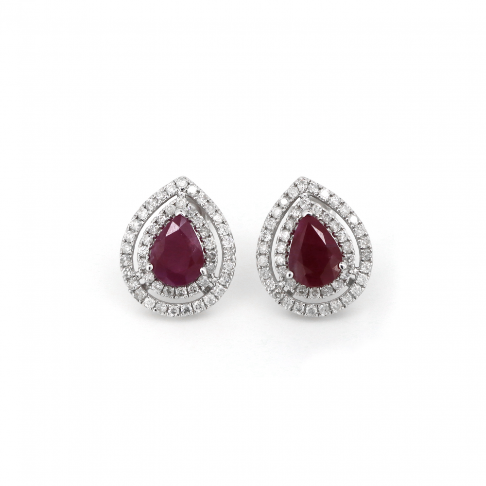 Item OS113:14K White Gold, Ruby and Diamond, Pear Cut Double Halo Stud Earrings