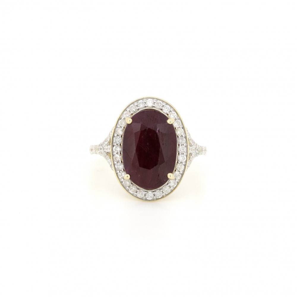 Item OS85: 14K Yellow Gold, Ruby and Diamond, Statement Halo Ring