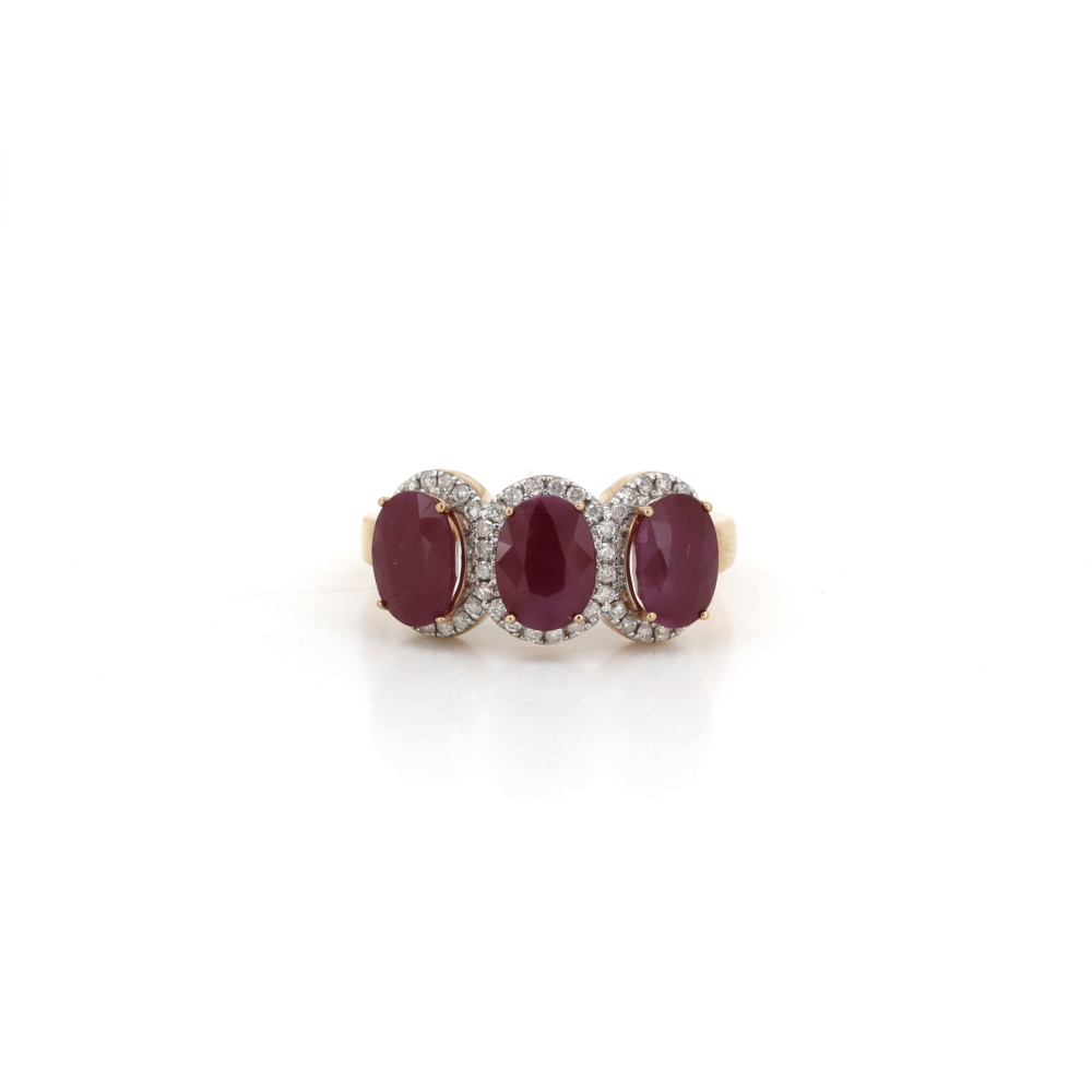 Item OS85:14K Rose Gold, Ruby and Diamond, Halo Trilogy Ring