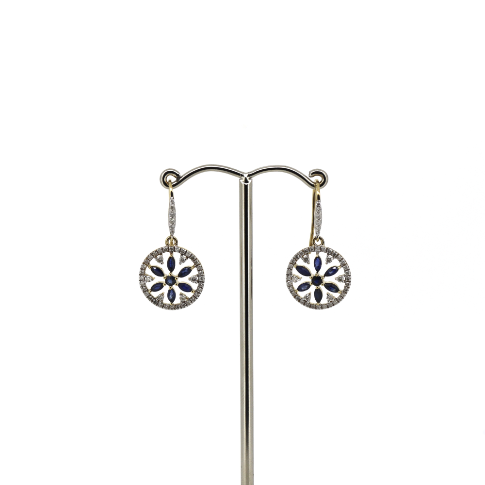 Item OS162:14K Yellow Gold, Blue Sapphire and Diamond, Decorative Drop Earrings