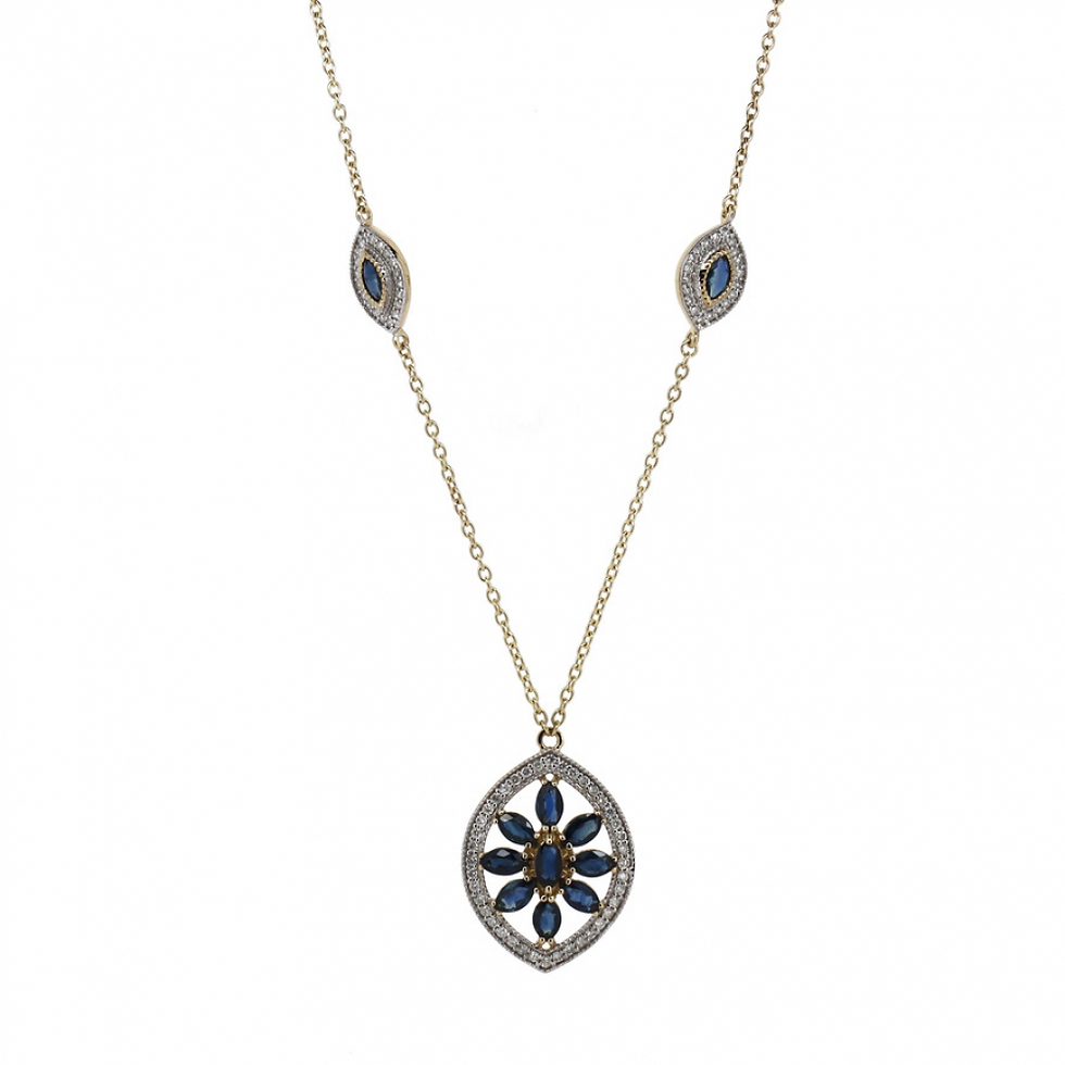 Item OS157: 14K Yellow Gold, Blue Sapphire and Diamond, Pendant Necklace