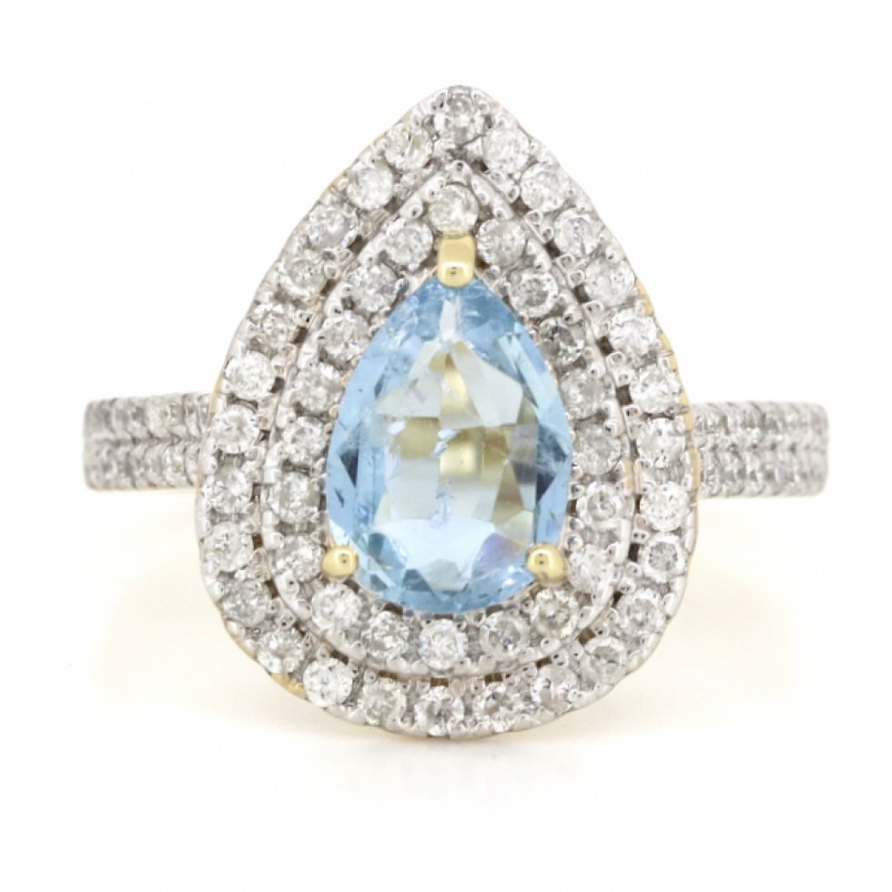 Thumbnail: Item OS8:14K Yellow Gold, Aquamarine and Diamond, Double Halo Ring