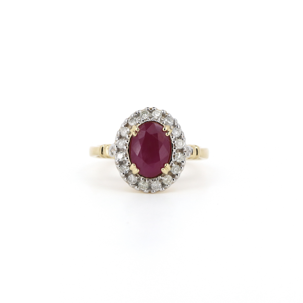 Item OS87:14K Yellow Gold, Ruby and Diamond, Decorative Halo Ring