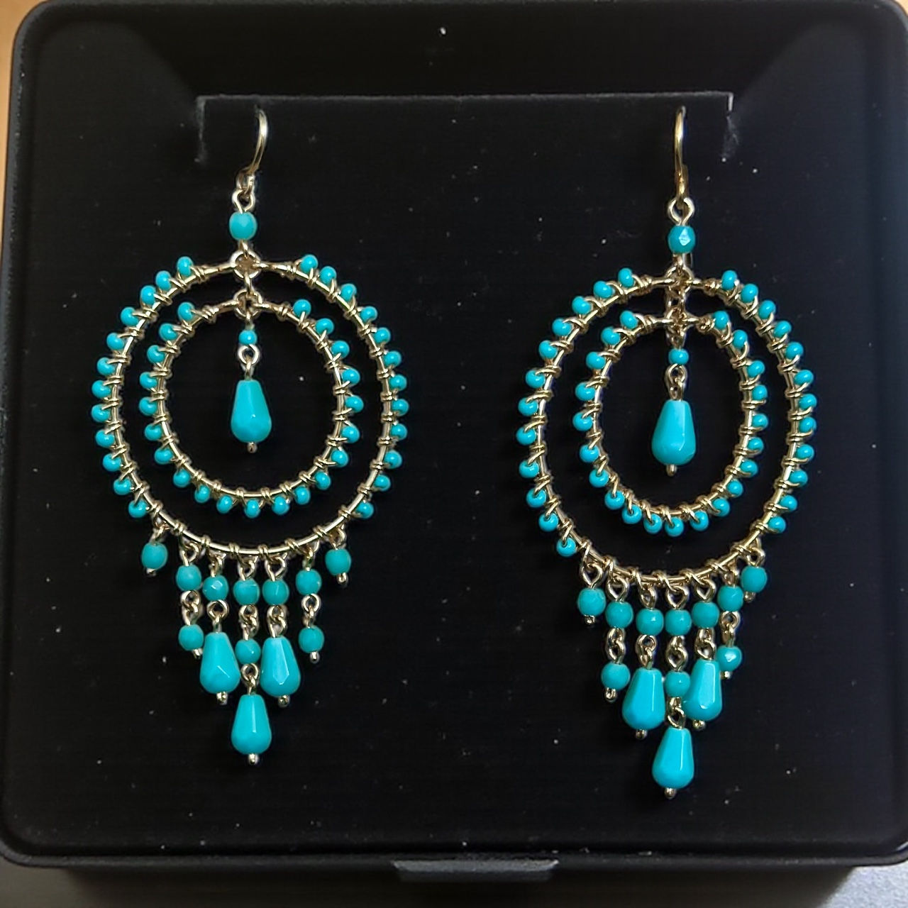 Gold plated  double hoop dangle turquoise Earrings