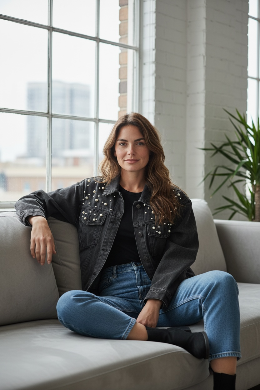 Denim Jacket women Embellished with pearls