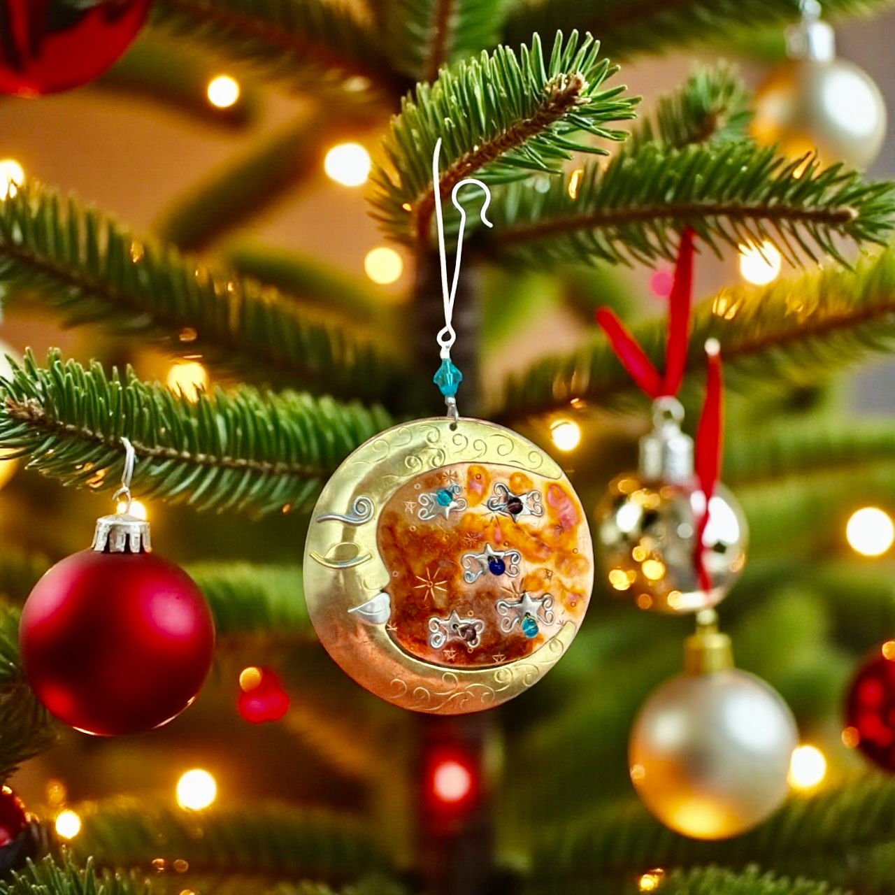 Bronze Nickel and Copper Hanging Ornament Handmade Sun & moon