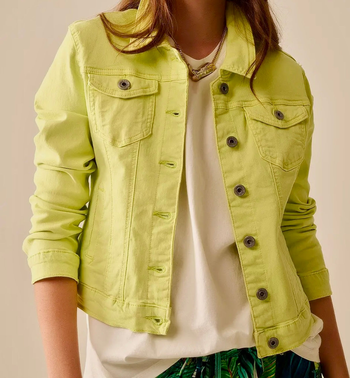Basic Denim Elastic Jacket with Pockets in Lime