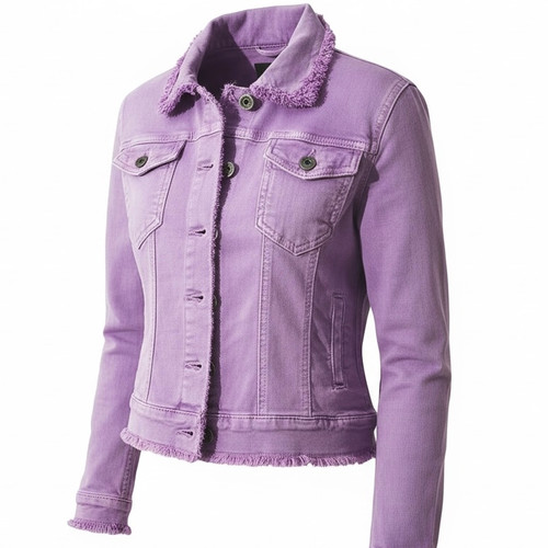 Light Purple Raw Edge Slim Fit Denim Trucker Jacket Women Stretch