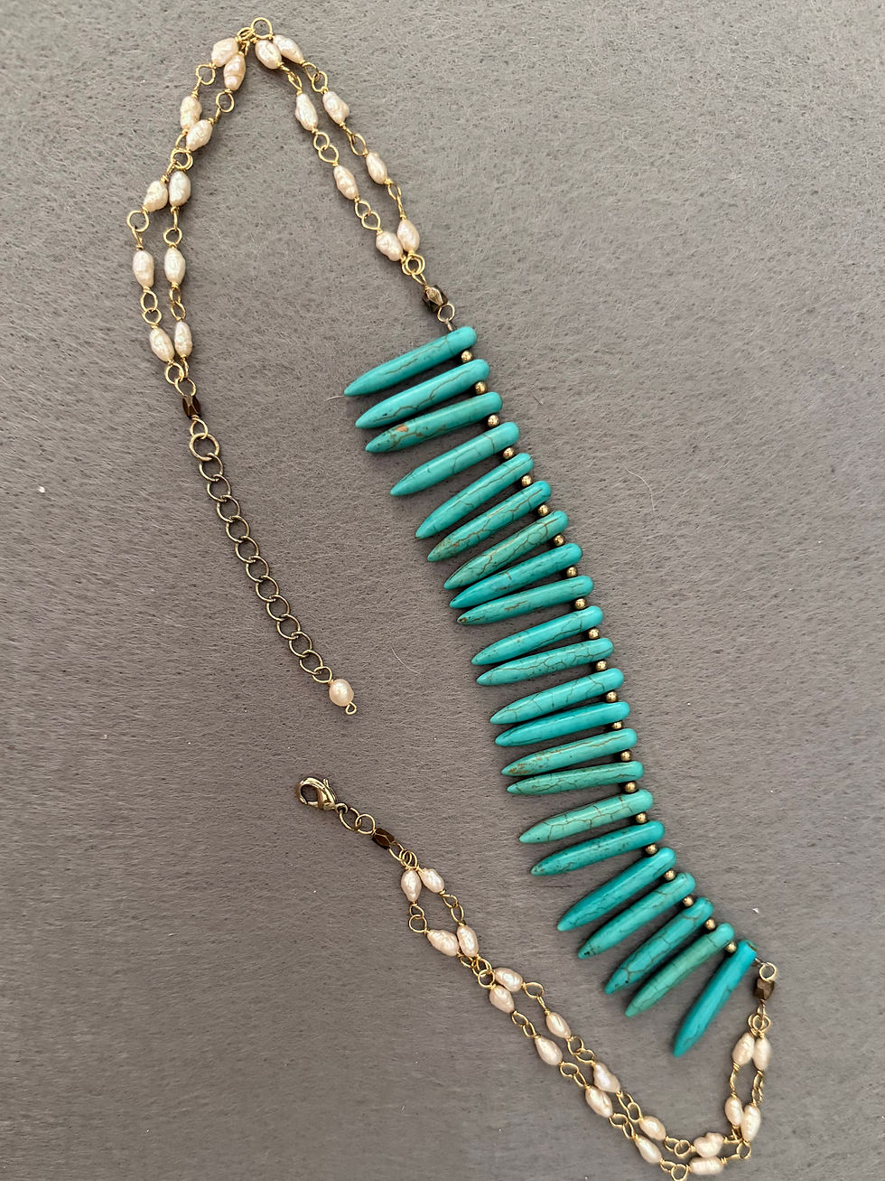 Thumbnail: Turquoise Spike Beads and freshwater Pearls gold plated Necklace