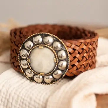 Thumbnail: Braided Leather Belt with Mother-of-Pearl Flower Buckle – Made in Spain