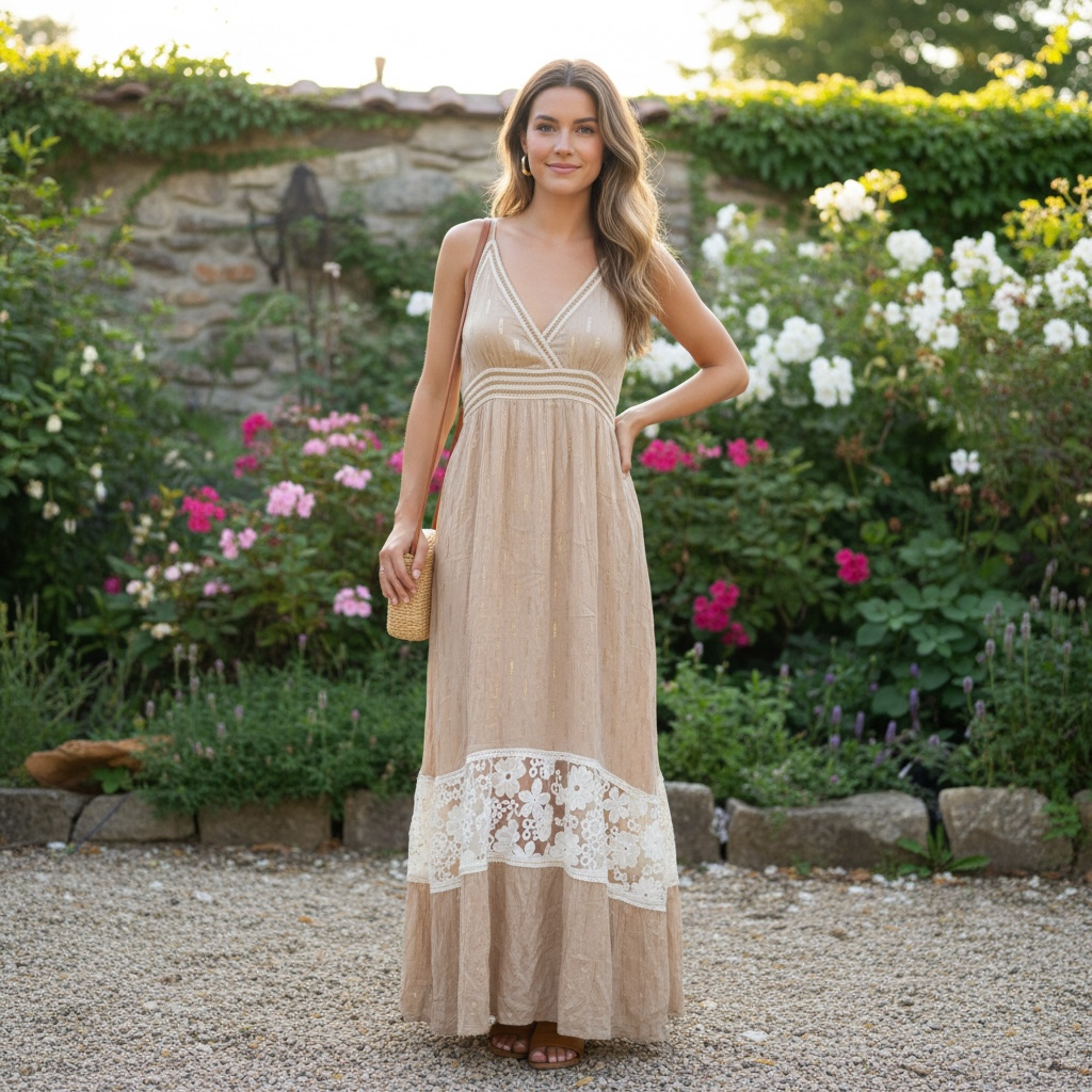 Champagne Beige Maxi Dress with Floral Lace, Gold Silver Metallic Embroidery, Bo