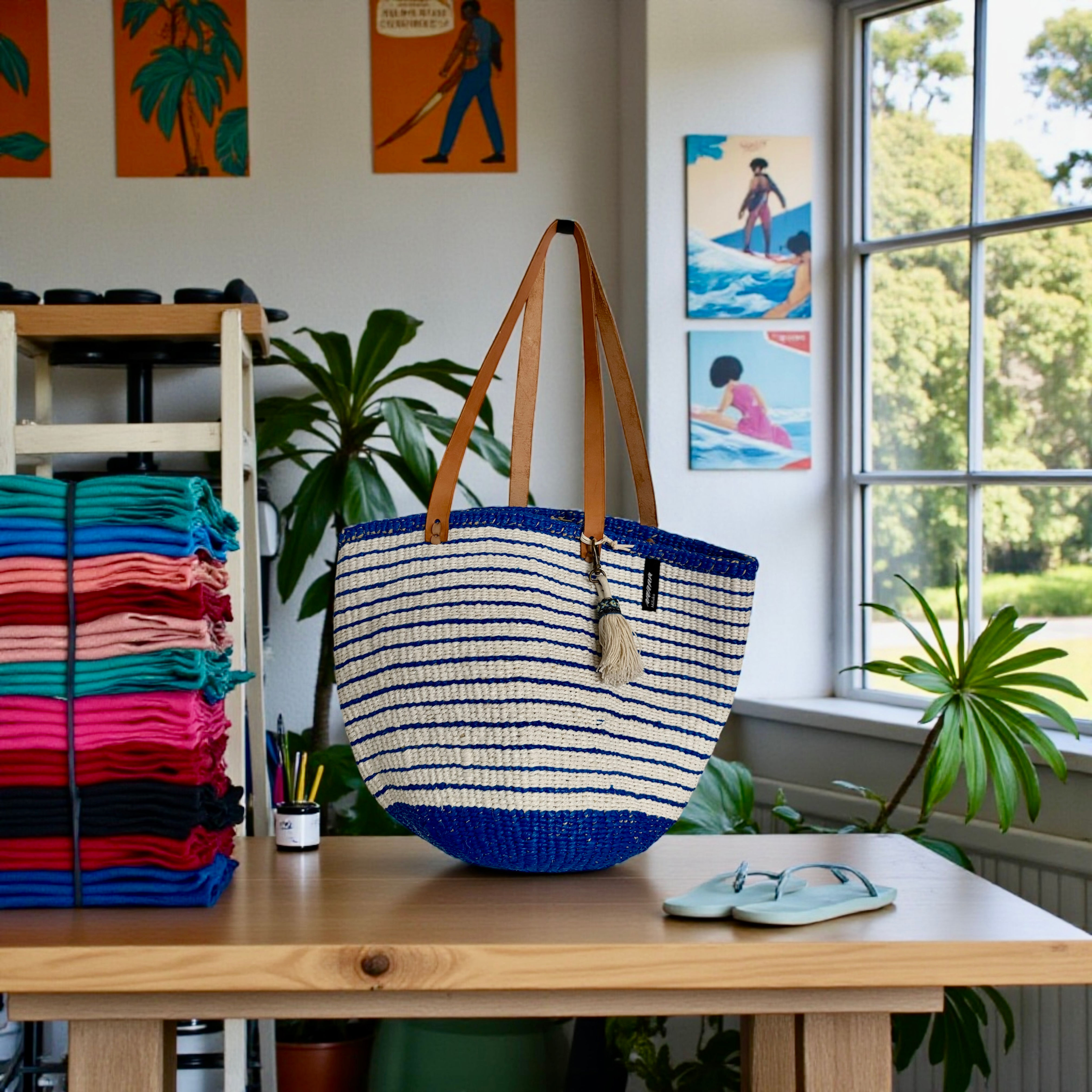 Mifuko Market Basket white and blue leather long Handles