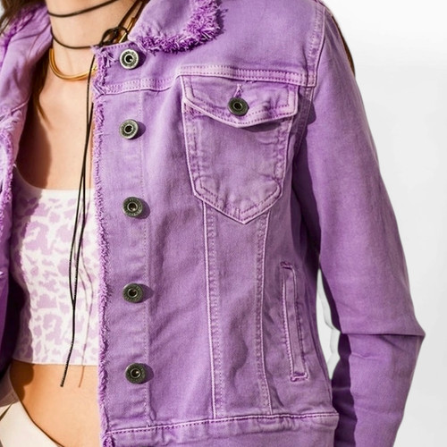 Light Purple Raw Edge Slim Fit Denim Trucker Jacket Women Stretch