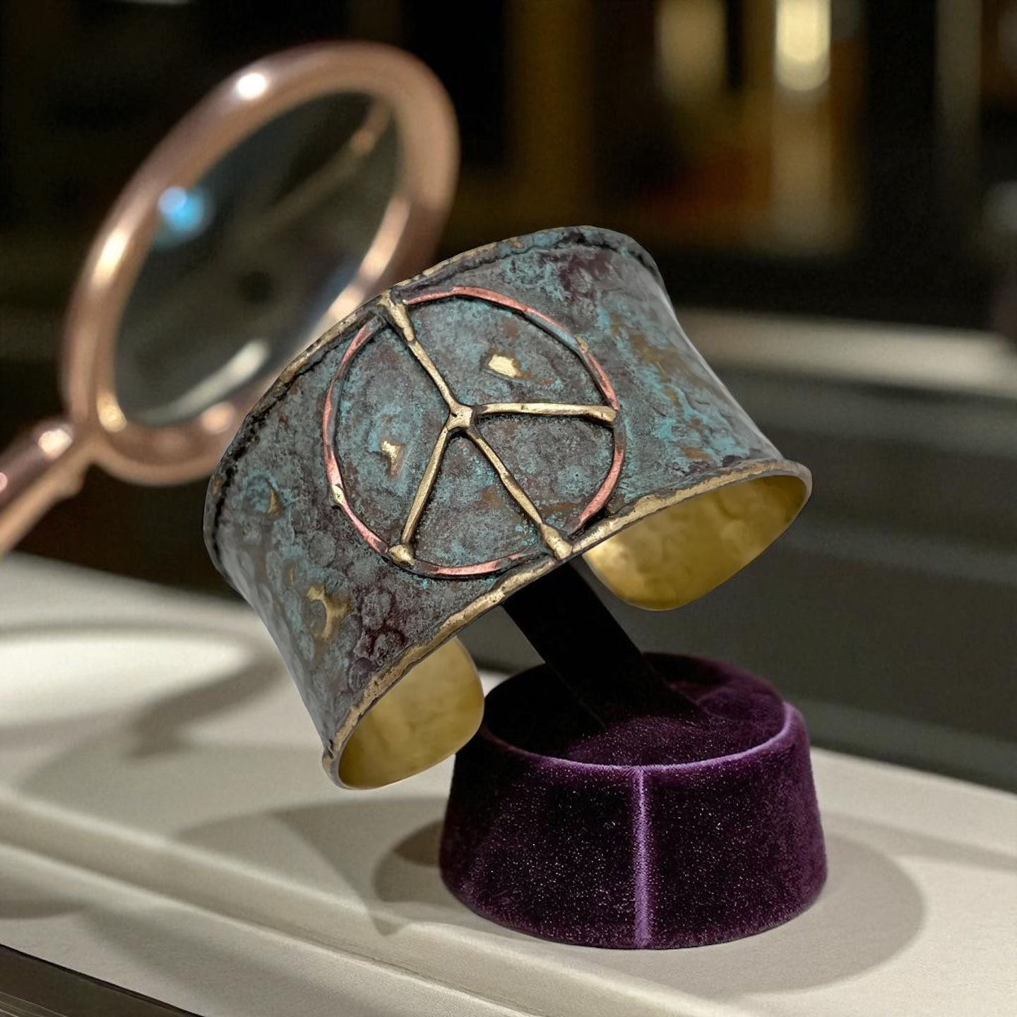 Brass Patina Cuff Bracelet - Rustic Blue Peace Sign