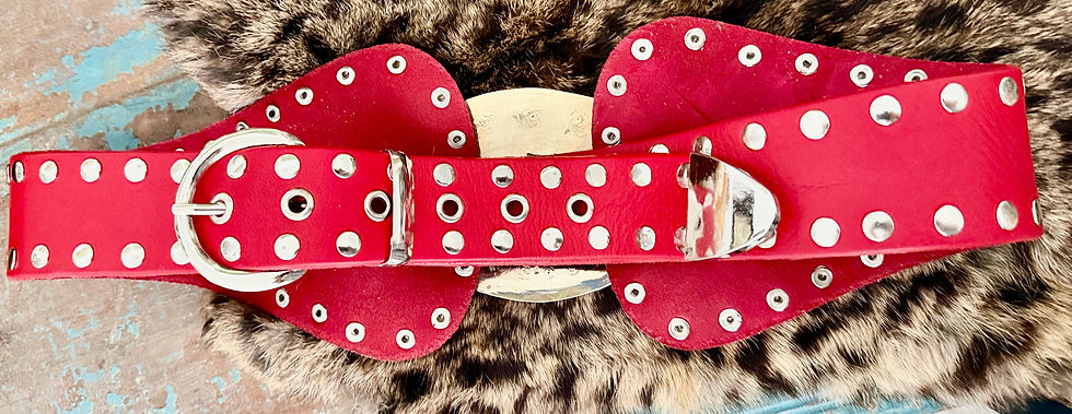 Thumbnail: Red Leather Statement Belt: Silver Studs, Horn-Look Accents, Western Style