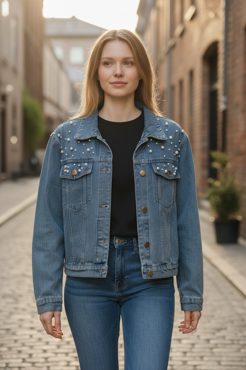 Thumbnail: Denim Jacket women Embellished with pearls