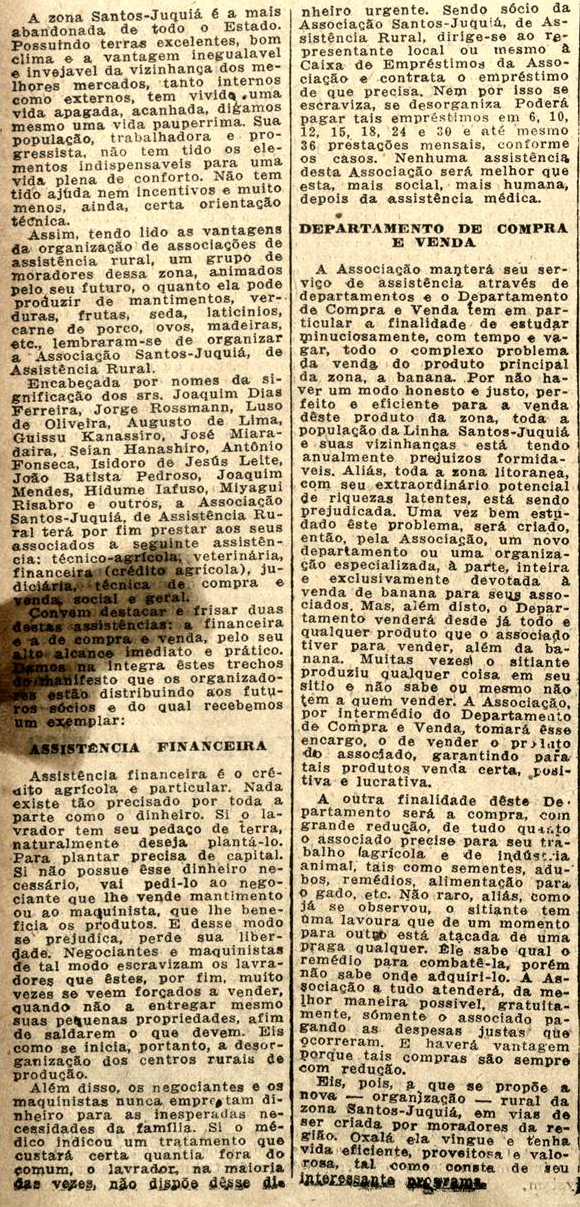 Associação Santos-Juquiá de Assistência Rural, 31 ago 1941 (A Tribuna)
