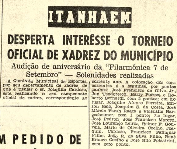 Desperta interesse o torneio oficial de xadrez do município, 11 set 1959 (A Tribuna)