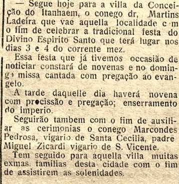 D. Martins Ladeira viaja para Itanhaém para a Festa do Divino, 1 jun 1911 (A Vanguarda)