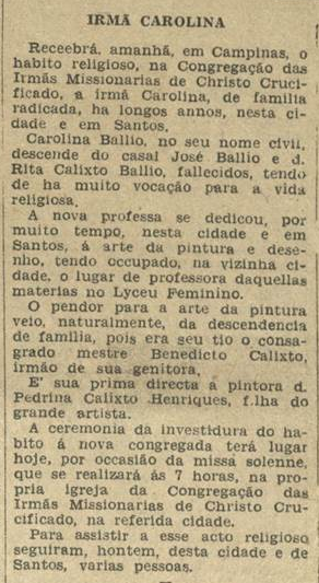 Investidura de hábito em uma irmã de caridade, 28 set 1939 (A Tribuna)