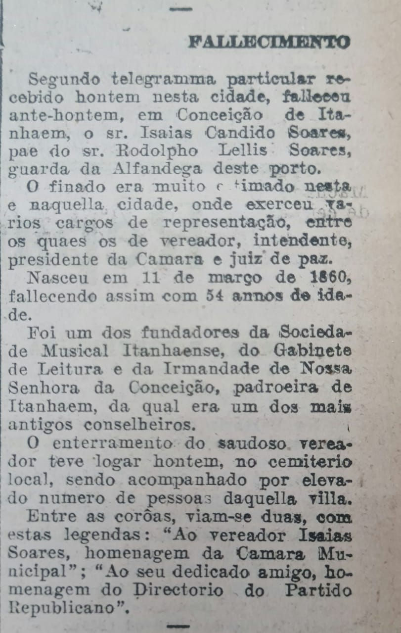 Falecimento de Izaías Cândido Soares, 3 abr 1914 (A Tribuna)