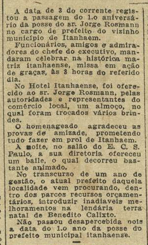 Homenagem ao prefeito de Itanhaém, 12 ago 1942 (A Tribuna)