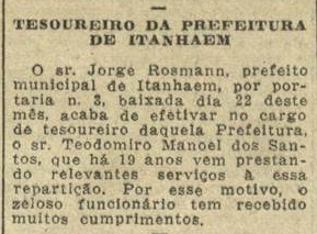 Tesoureiro da prefeitura de Itanhaém, 29 jul 1942 (A Tribuna)