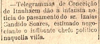 Falecimento de Izaías Cândido Soares, 3 abr 1914 (A Notícia)