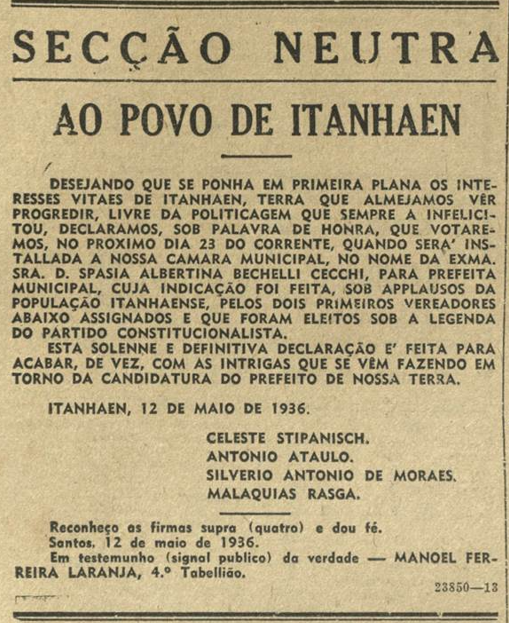 Aviso ao povo de Itanhaém, por quatro vereadores eleitos, 13 de maio de 1936 - A Tribuna