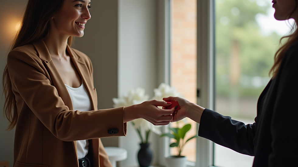 Close-up view of a beauty professional handing a loyalty card to a client