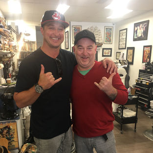 Picture of celebrity Chris Hicks Manly Seagulls with Brett at the illustrated man tattoo studio Sydney