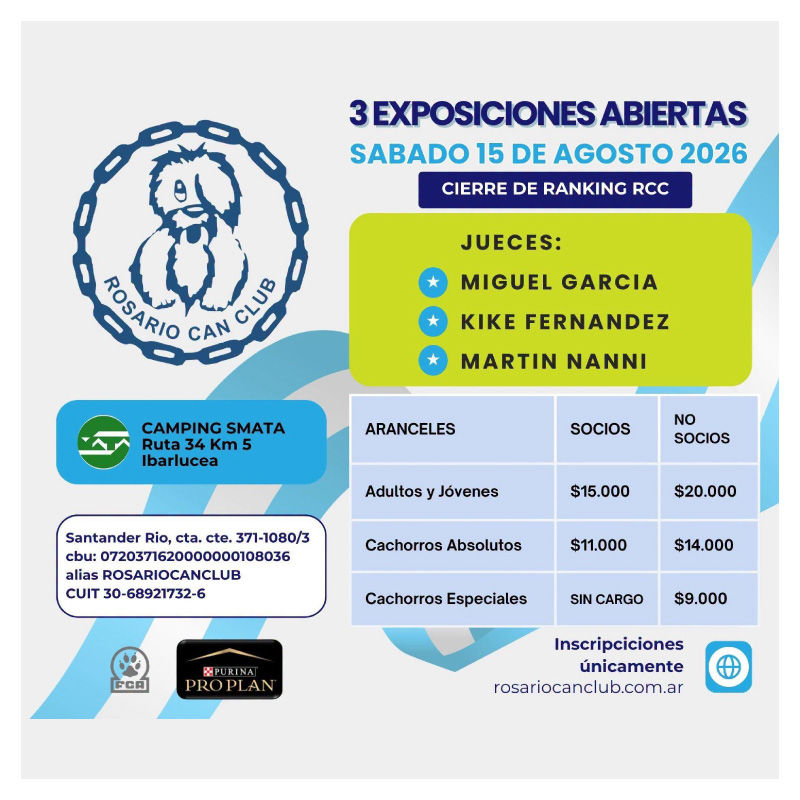 Exposiciones Abiertas Rosario Can Club: cierre de Ranking RCC el 15 de agosto de 2026