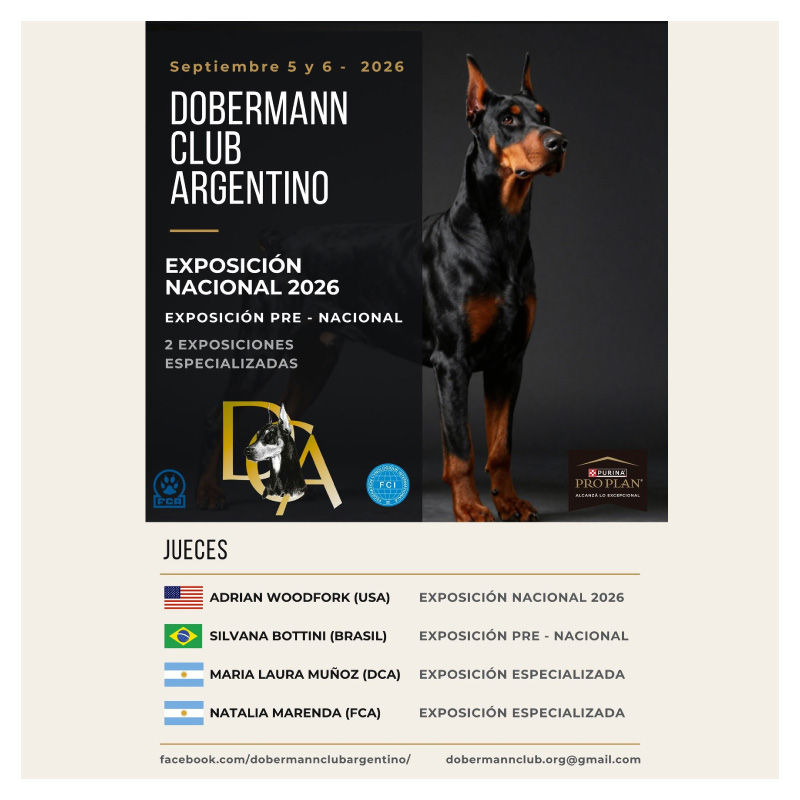Exposición Nacional 2026 de Dobermann: el Dobermann Club Argentino confirma fechas, jueces e inscripción