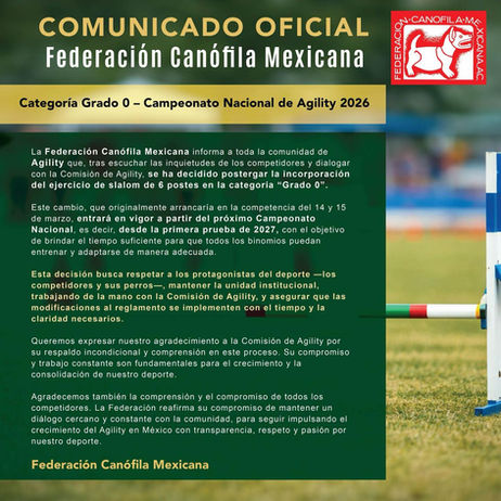 Comunicado oficial: cambios en la categoría Grado 0 del Campeonato Nacional de Agility 2026