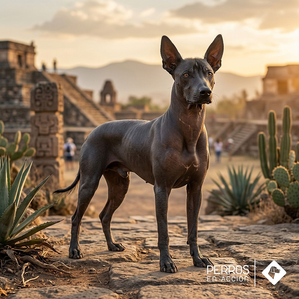 Xoloitzcuintle variedad sin pelo en posicion de exposicion canina, con pelaje oscuro, orejas erectas y silueta elegante caracteristica de la raza mexicana reconocida por la FCI bajo el estandar N° 234.