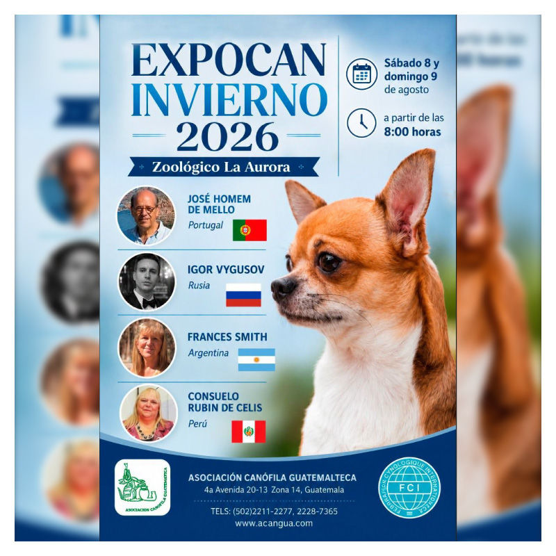 Afiche oficial de Expocan Invierno 2026 organizado por la Asociación Canófila Guatemalteca con fechas del evento, jueces internacionales y sede en el Zoológico La Aurora.
