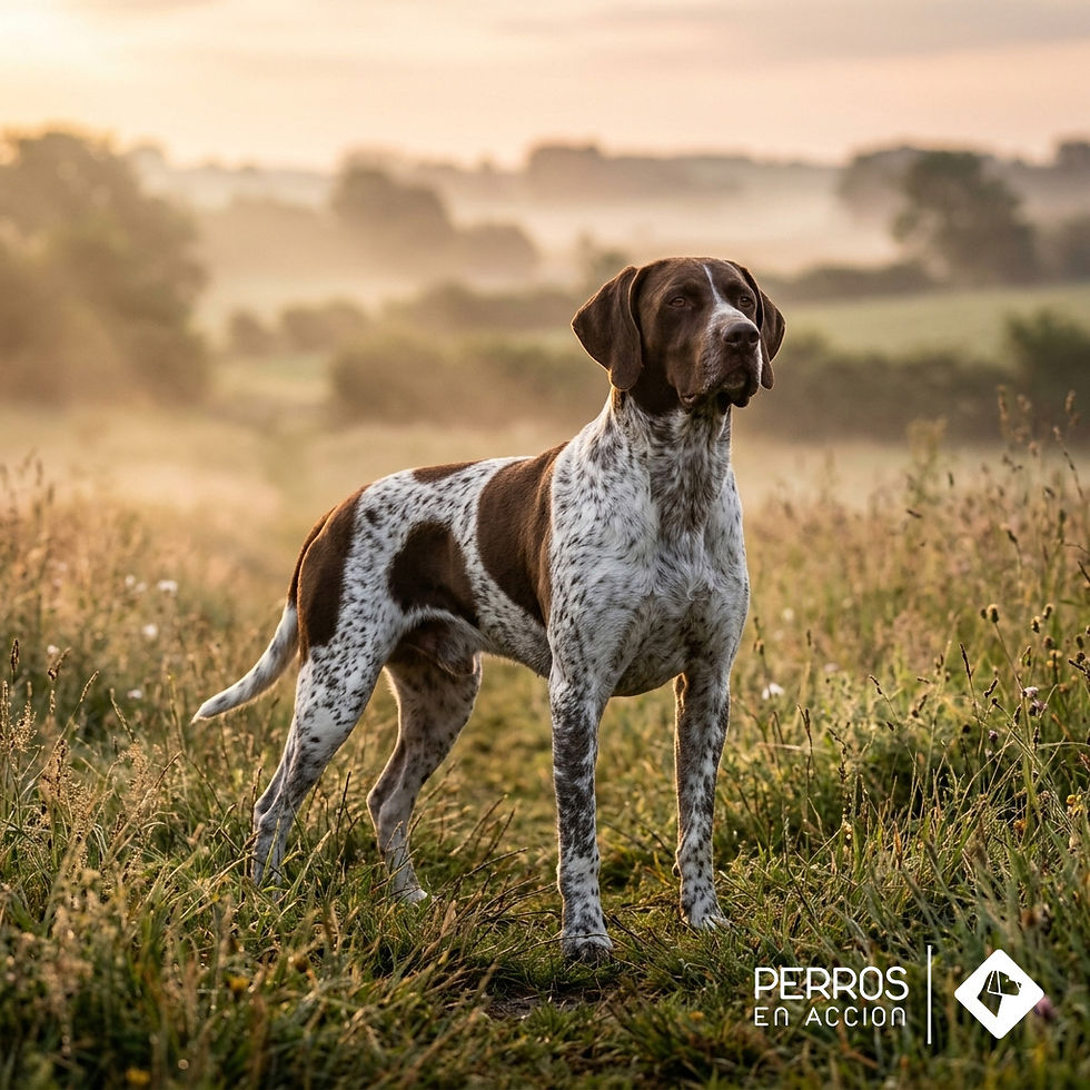 Gammel Dansk Hønsehund adulto en posición de pie, mostrando estructura corporal rectangular, pelaje blanco con manchas pardas, cabeza amplia y porte seguro característico del antiguo perro de muestra danés del estándar FCI N° 281.
