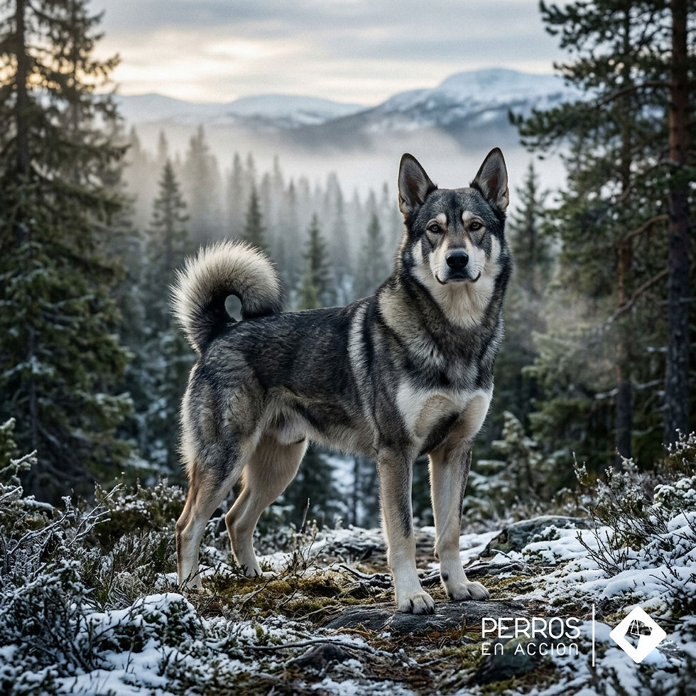 Jämthund gris de pie en paisaje nórdico, perro de caza sueco tipo spitz reconocido por la FCI, de estructura fuerte, orejas erectas y pelaje denso.