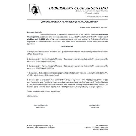 Convocatoria a Asamblea General Ordinaria del Dobermann Club Argentino