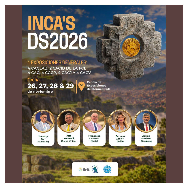 Afiche del Inca’s Dog Show 2026 con las fechas del 26 al 29 de noviembre, el medallón del Kennel Club Peruano sobre una piedra tallada y los cinco jueces internacionales invitados.